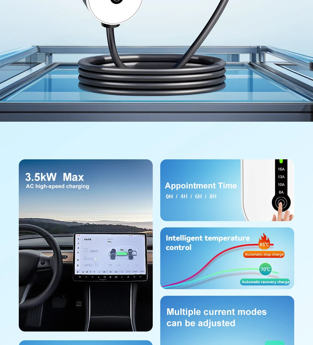 Electric Vehicle Portable Charger 16A 1-Phase 3.5KW Type 2 Plug 3.5m Cable