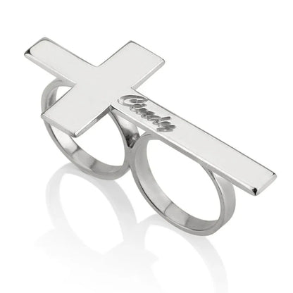 Custom Engraved Silver Two-Finger Ring – Stainless Steel Gift for Boyfriend