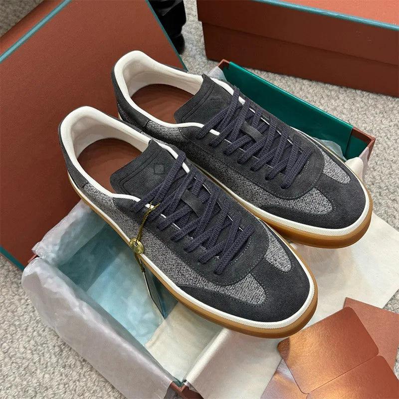 Men's Genuine Leather Lace Up Round Toe Trainer Shoes White