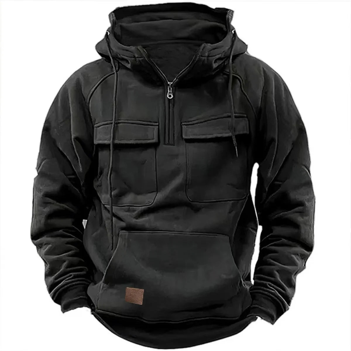 New autumn-winter men's hooded solid-color casual hoodie - fashionable young man's multi-pocket patch hoodie pullover shirt