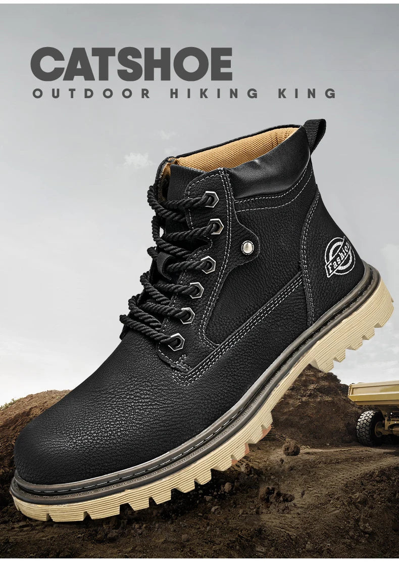 Leather Men Work Boots Mid Calf Ankle High Top Non Slip