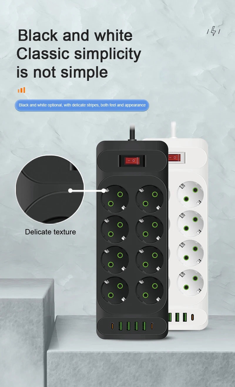 EU Plug 3-Outlet Power Strip With USB Surge Protector 2m Extension Cord Plastic