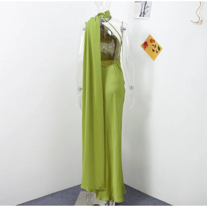 Party Dress Polyester Ankle Length Backless Halter Off Shoulder Sleeveless