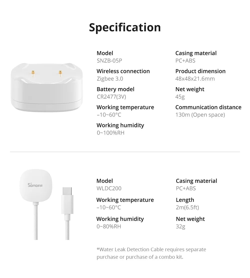 SONOFF SNZB-05P Zigbee 3.0 Water Leak Sensor Leaking and Dripping Detection Real-time Alerts Support Home Assistant Google Alexa