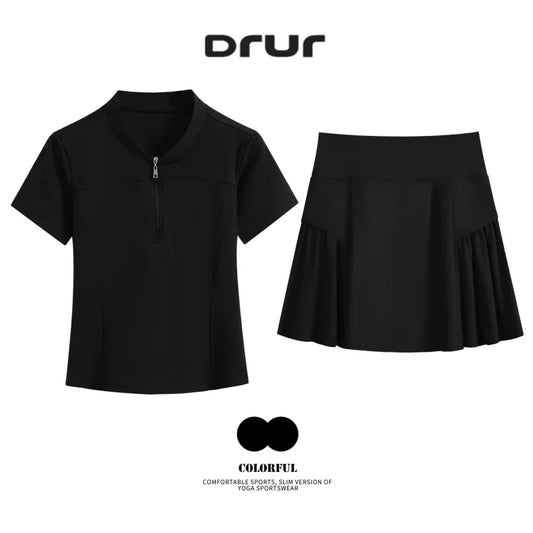 DRUR Women Tennis Skirt Set Summer Slim Fit Lightweight Gym Outfit 2 Piece Sport Top Skort Suit 2pcs Tracksuit Ladies Golf Wear