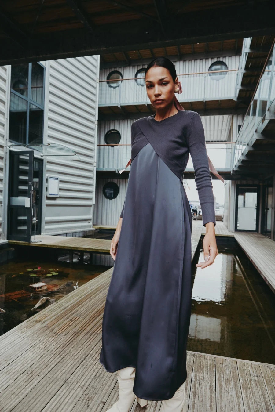 AS AW25 elegance slip satin dress + knitting cross top +mockneck woman clothing set adjustable maxi floor length