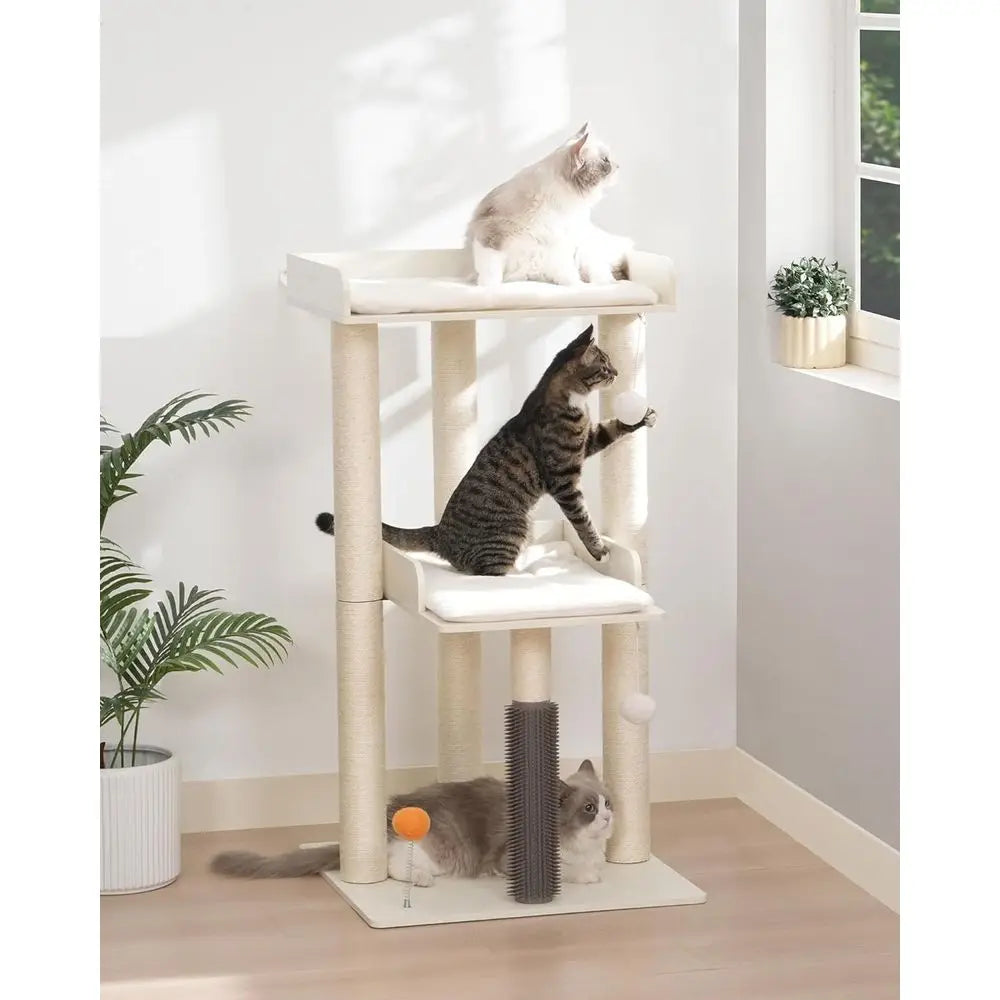 Large Indoor Cat Tower, Modern 43.7 Cat Condo with Scratching Post, Perch, Removable Pads, White