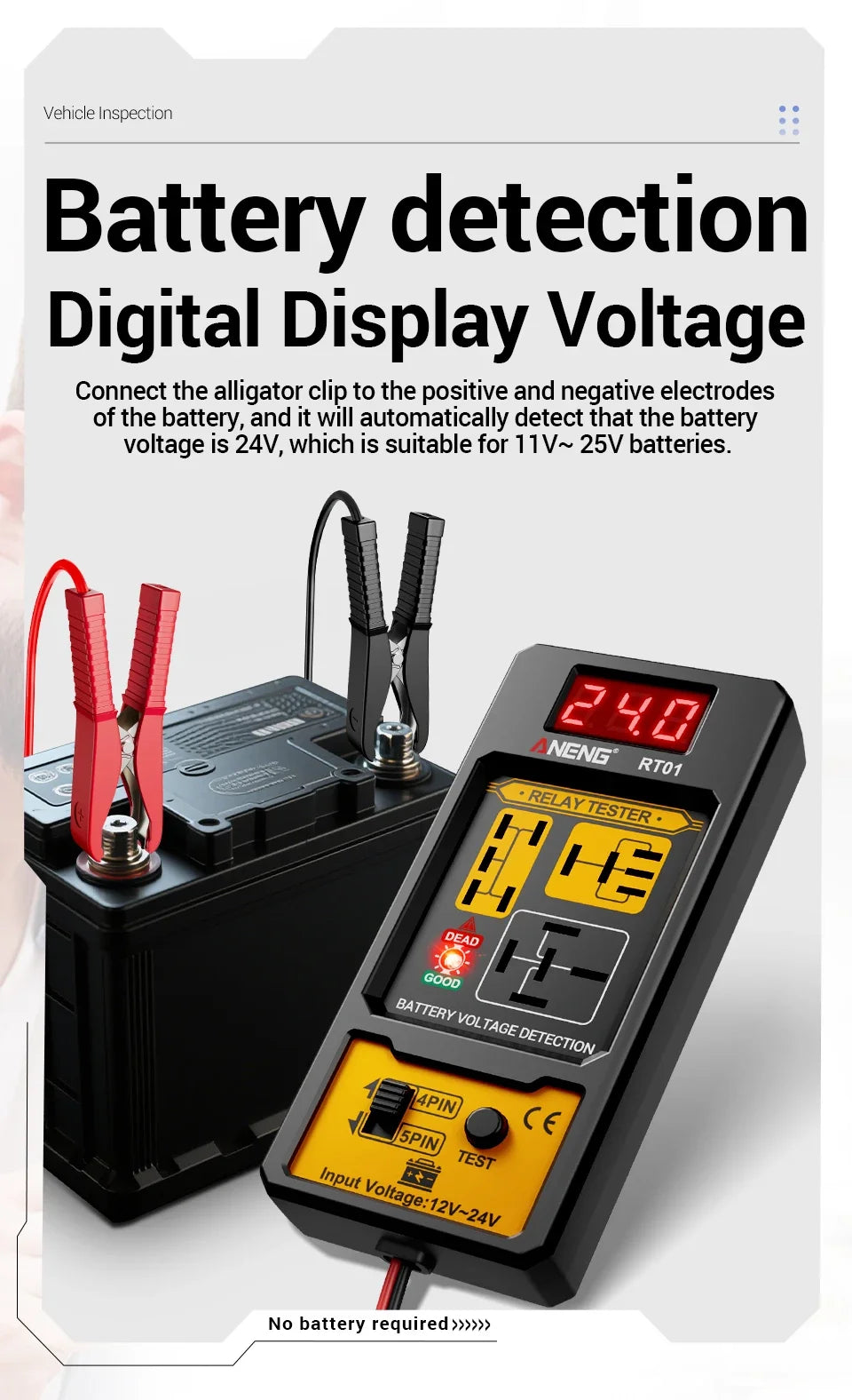 ANENG 11-25V Relay Detector RT01 Digital Universal 4/5 Pins Car Battery Vehicle Detection Digital Display Voltage Battery Tester