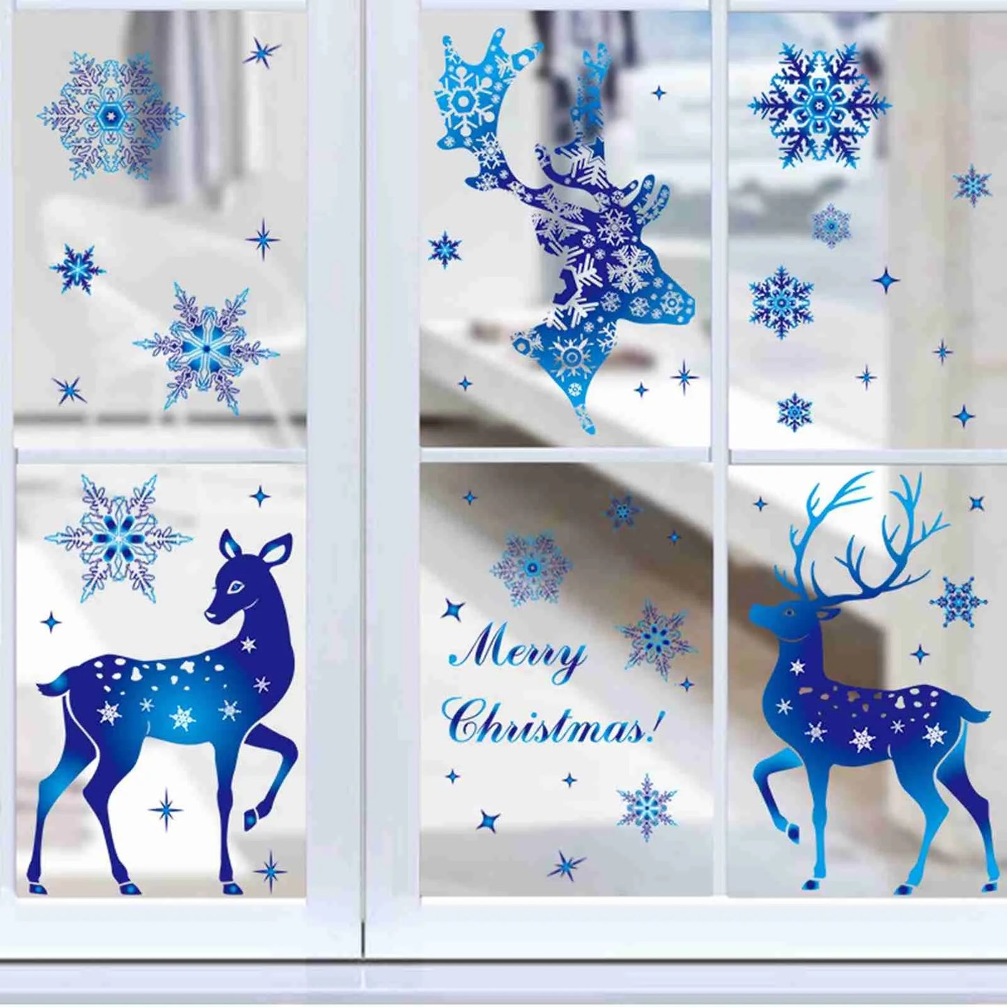 Holiday Window Clings – Blue Snowflake & Elk Christmas Static Stickers for Festive Wall & Glass Decor