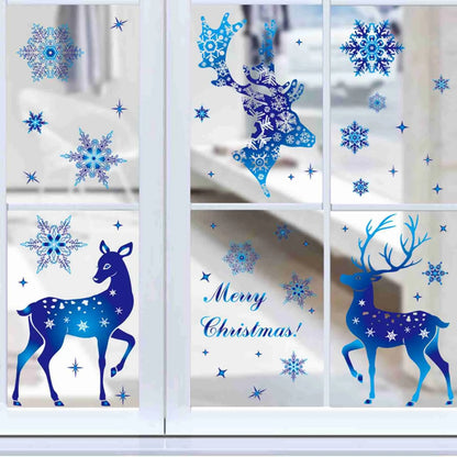 Holiday Window Clings – Blue Snowflake & Elk Christmas Static Stickers for Festive Wall & Glass Decor