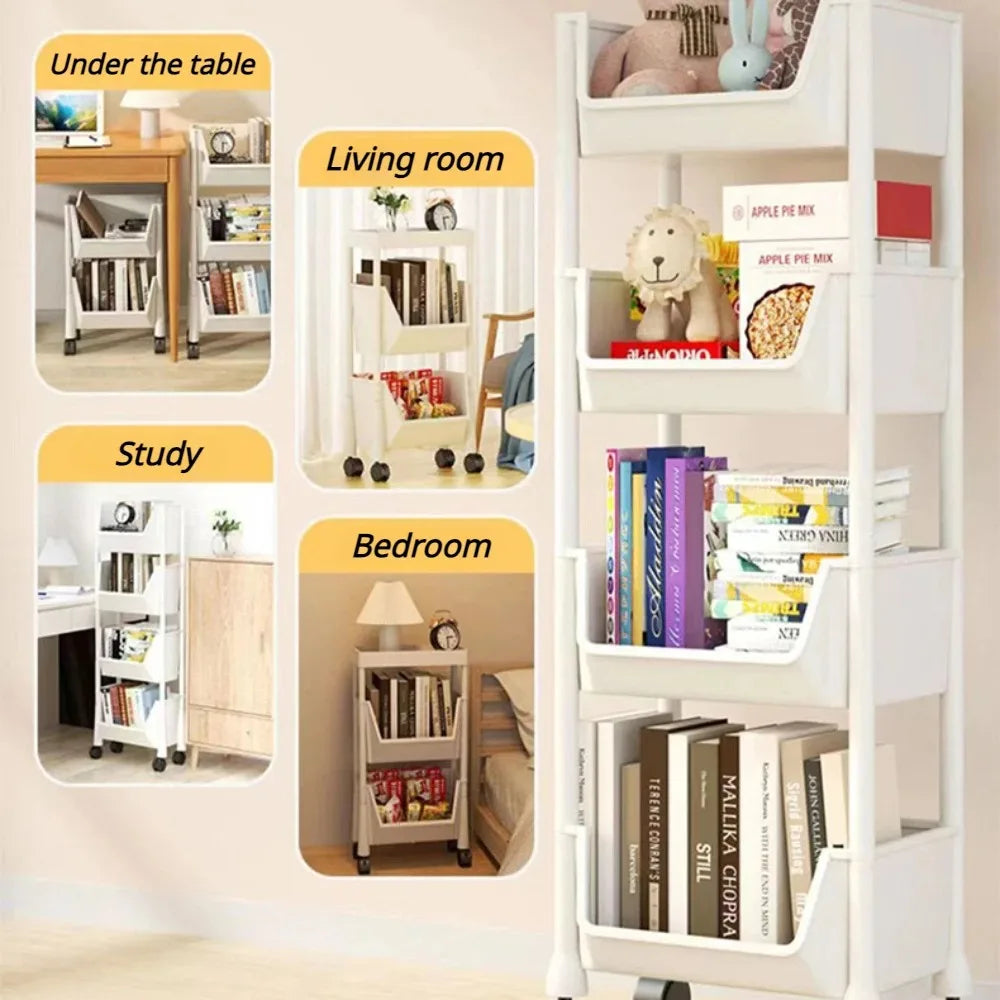 Bookshelf With Wheels Multi-Layer Movable Trolley Home Snack Organizer Shelf Kitchen Vegetable Basket Bedroom Mobile Cart Racks