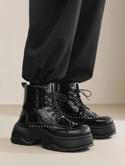 Mid-Calf Leather Motorcycle Boots With Rivet And Lace-Up 4.5 cm Thick Sole