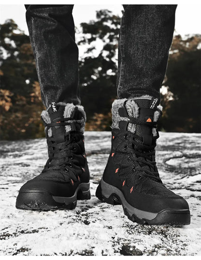 Men's Winter Snow Boots Leather Waterproof Mid-Calf Plush Lining Lace-Up