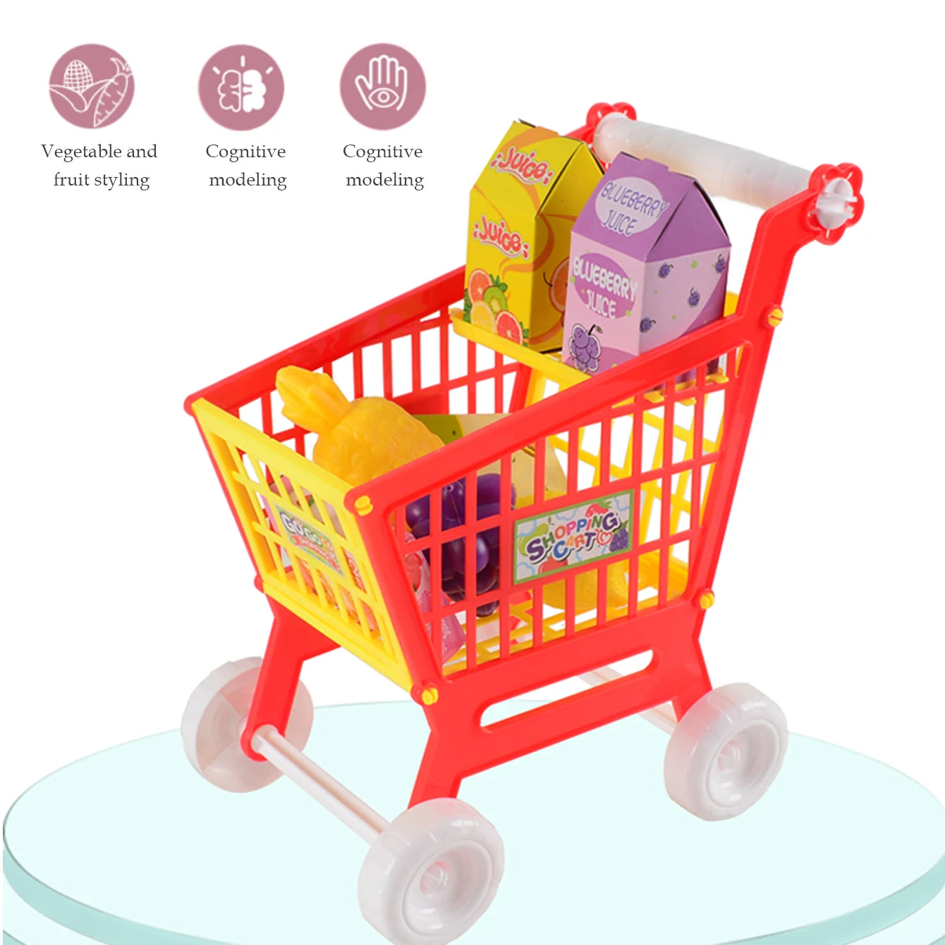 Shopping Cart Toys, Trolley for Groceries Supermarket Playset Fruit Vegetables Play Food Role Kitchen Store Toys for 3+ Kids