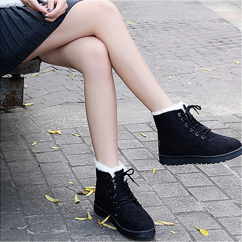 BCEBYL Autumn and Winter Fashion New Casual Comfortable Plus Velvet Warm Solid Color Cross Belt Round Toe Women's Short Boots