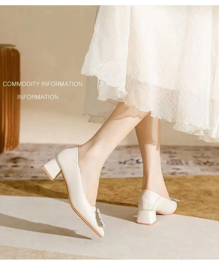 Women's Elegant Black Mid Block Heels Pumps with Crystal Rhinestone Pointed Toe Dress Shoes