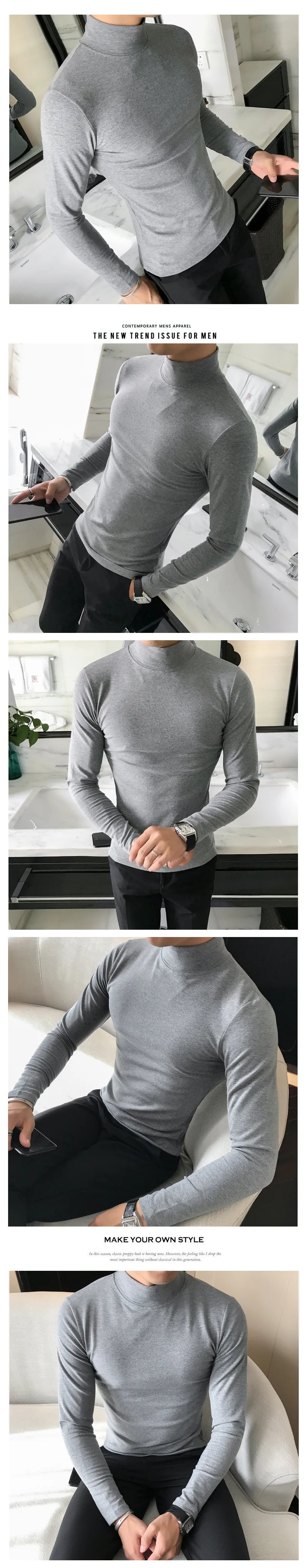Spring New Men's Turtleneck T-shirt Long Sleeve Slim Fit Solid Color High Elastic Bottoming Pullovers Basic Style Male Tops