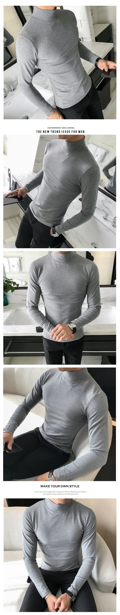 Men's Turtleneck Long Sleeve Pullover, Slim Fit, Polyester Elastane