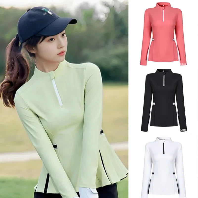 2025 New Golf Shirt Women Long Sleeve Zipper Collar T-Shirt Ladies Slim Pleated Golf Tops Breathable Casual Tennis Sportswear