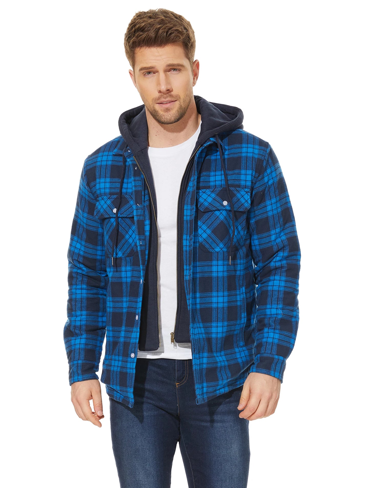 TACVASEN Men's Flannel Shirt Jacket with Removable Hood Plaid Quilted Lined Winter Coats Thick Hoodie Outwear Man Fleece Shirts