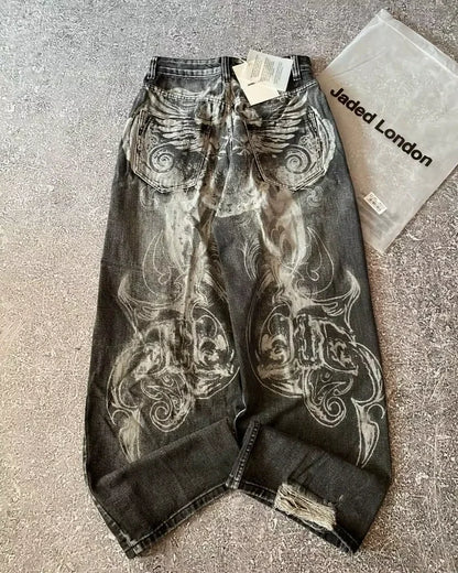 Baggy Wide Leg Jeans For Men Embroidered Pattern Vintage Hip Hop Style