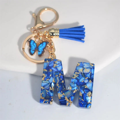 AZ Letter Keychain With Blue Stone And Butterfly Tassel Pendant
