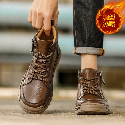 Men Leather Boots Mid Calf Lace Up Anti Slip Rubber Outsole