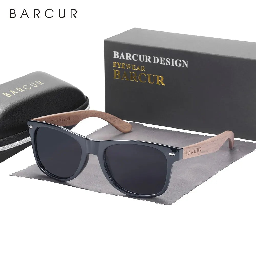 BARCUR Natural Wooden Sunglasses Polarized Mens Sun Glasses Black Walnut Eyewear UV400 Protection