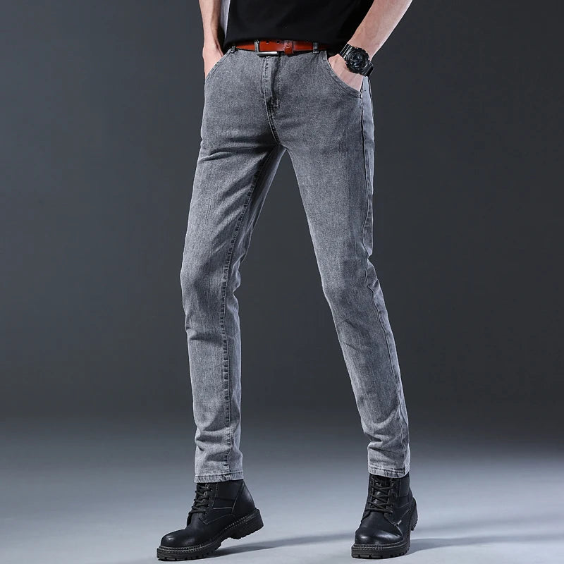 Men's Slim Fit Jeans Gray Elastic Mid-Waist Denim Straight Leg