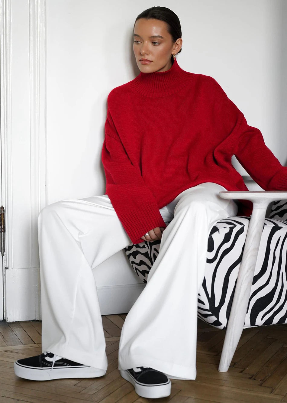 Women's Oversized Turtleneck Knitted Sweater Regular Length Soft Knit