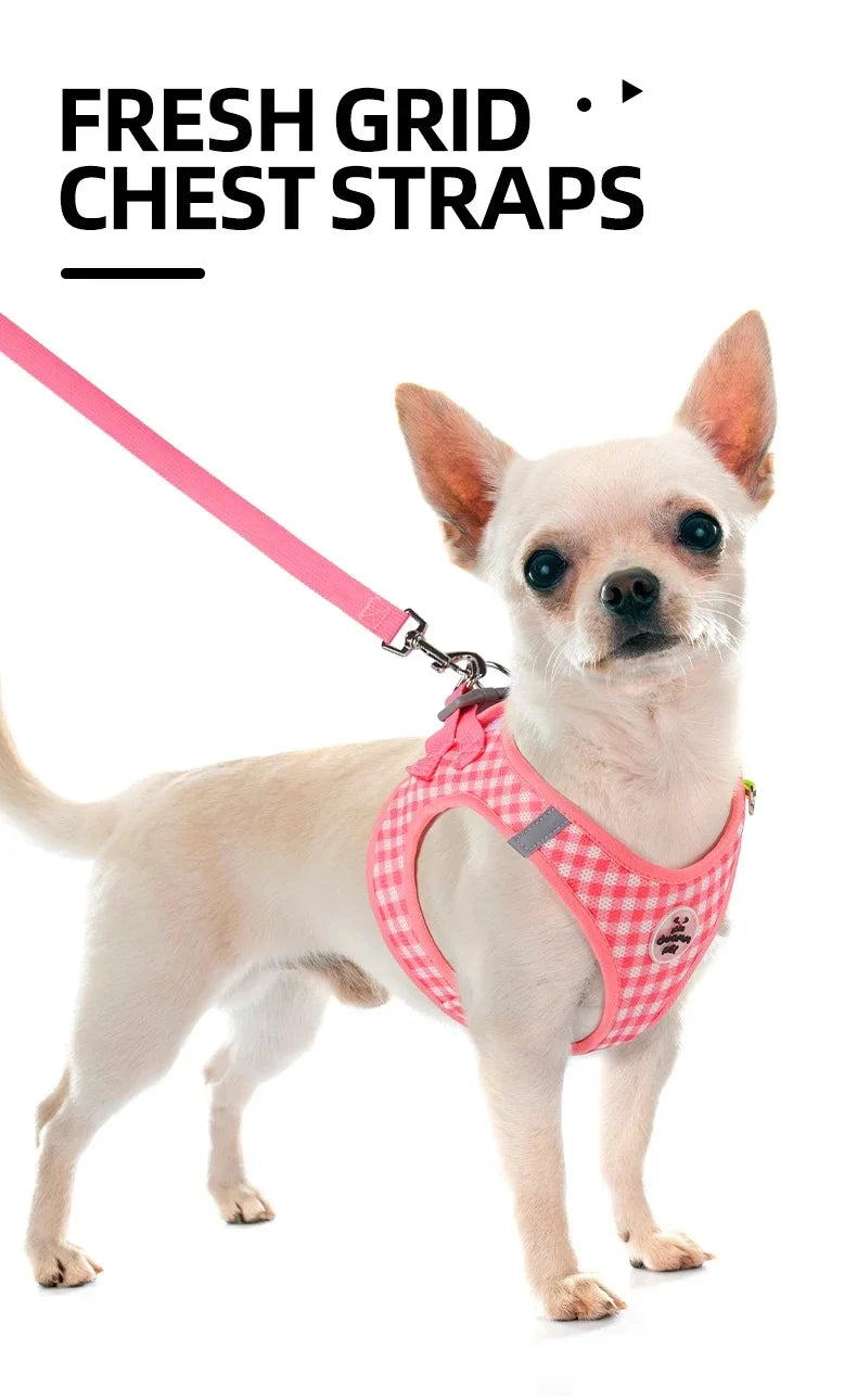 Checkered Pet Harness Kitten Strap Eye Catching Color Puppy Anti Loss Strap Outdoor Breathable Adjustable Reflective Chest Strap
