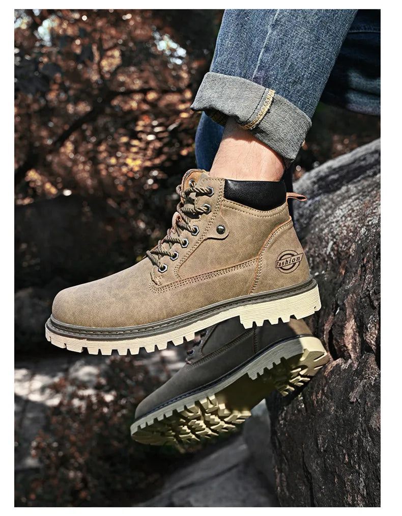 Leather Men Work Boots Mid Calf Ankle High Top Non Slip