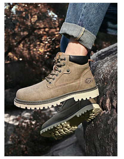 Leather Men Work Boots Mid Calf Ankle High Top Non Slip