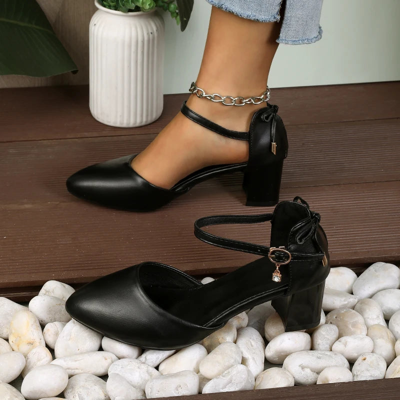 Thin Strap Pump With Bowknot Buckle, Pointed Toe, Square Heel