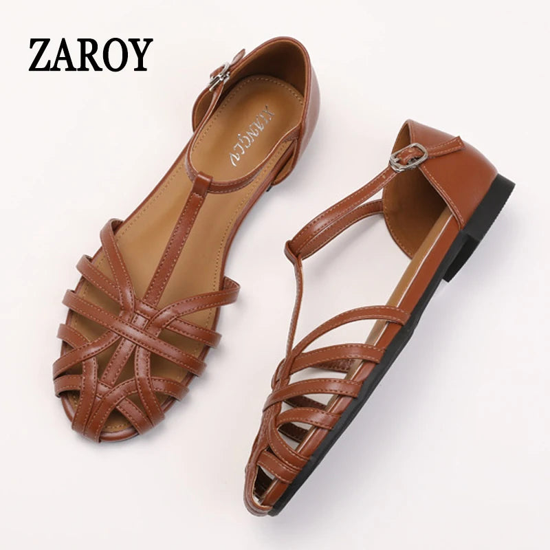 ZAROY Summer Cross Strap Flat Sandals Women Round Toe Ankle Buckle Hollow Casual Roman Sandalia Zapatos De Mujer сандали