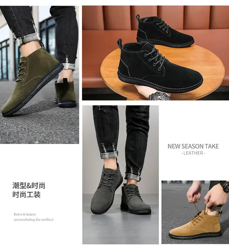 High Top Casual Board Shoes Men's Lace Up Suede Black Flat Bottom Short Boots Men's Chelsea Boots High-quality Brand Denim Boots