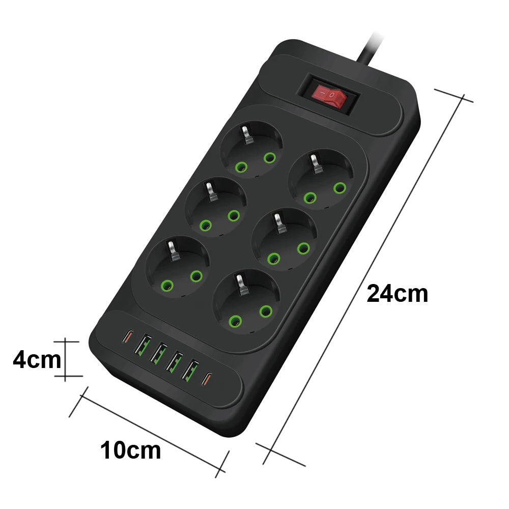 EU Plug 3-Outlet Power Strip With USB Surge Protector 2m Extension Cord Plastic
