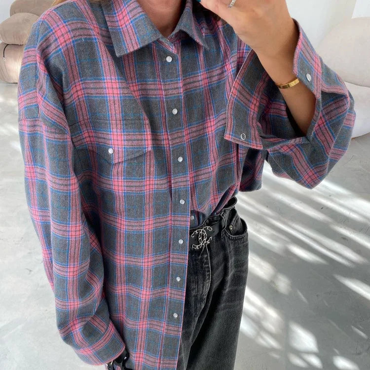 Oversized Plaid Shirt For Women Long Sleeve Button-Down Korean Style