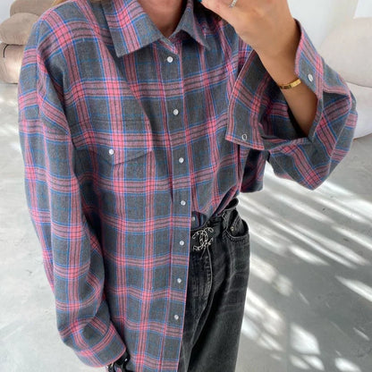 Oversized Plaid Shirt For Women Long Sleeve Button-Down Korean Style