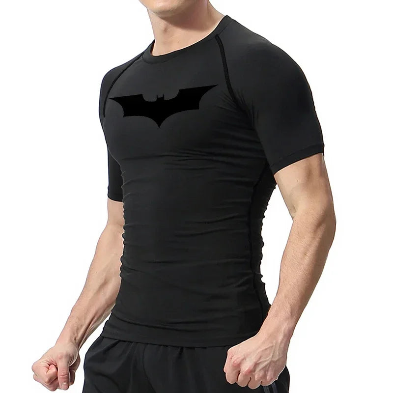 Men's Bat Print Compression Shirt Summer Short Sleeve Quick Dry Rash Guard Gym Workout Running T-Shirt Athletic Tees Tops