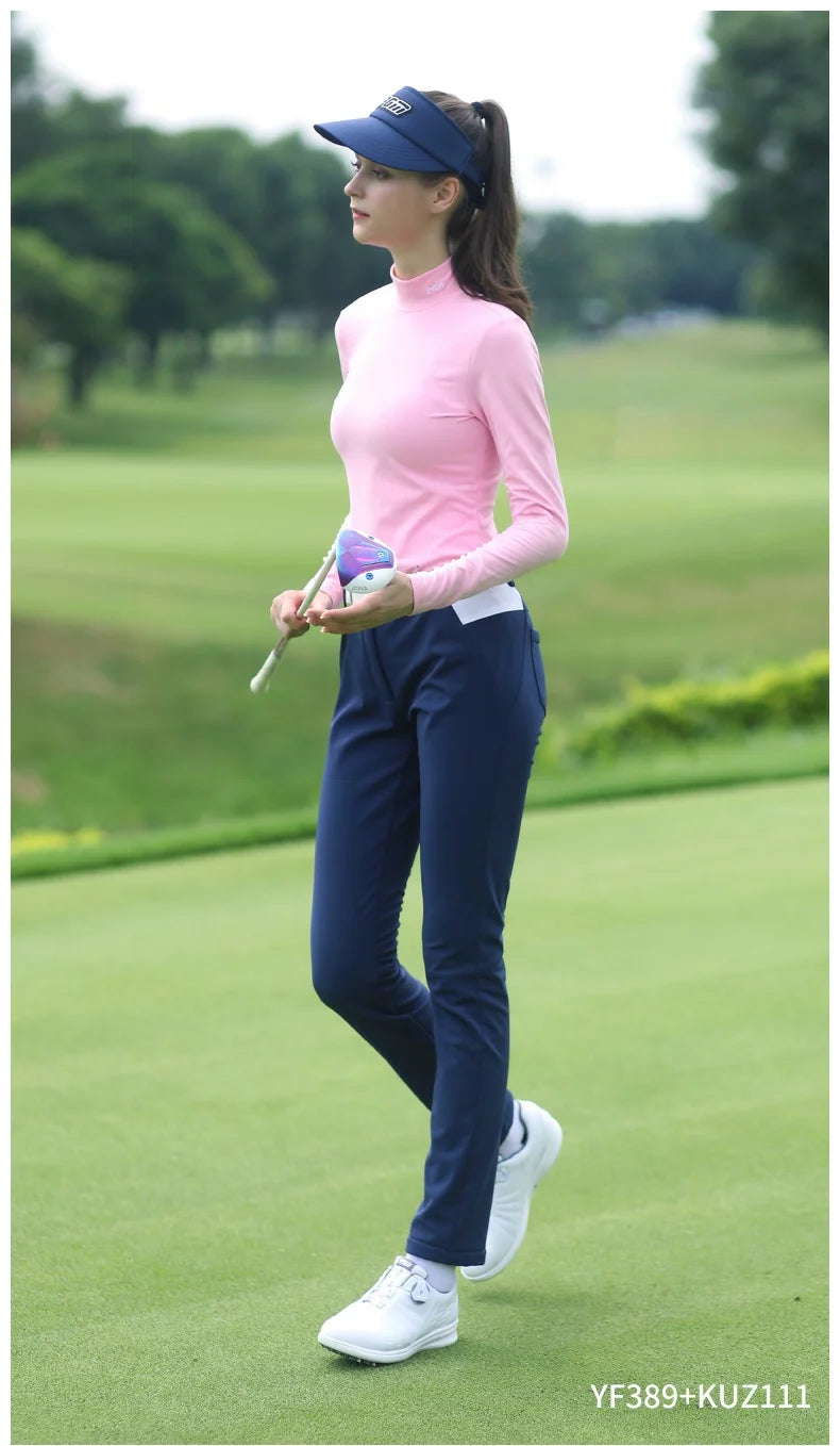 PGM Autumn Winter Women Fleece Golf Underwear Ladies Warm Golf Long-sleeved T-shirt Stand Collar Shirt Elastic Windproof Tops