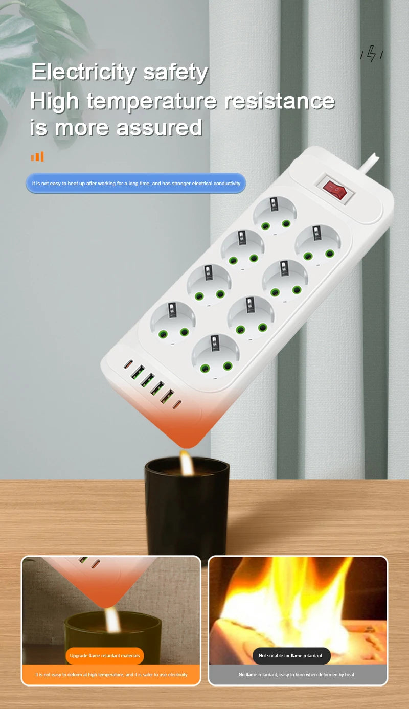 EU Plug 3-Outlet Power Strip With USB Surge Protector 2m Extension Cord Plastic