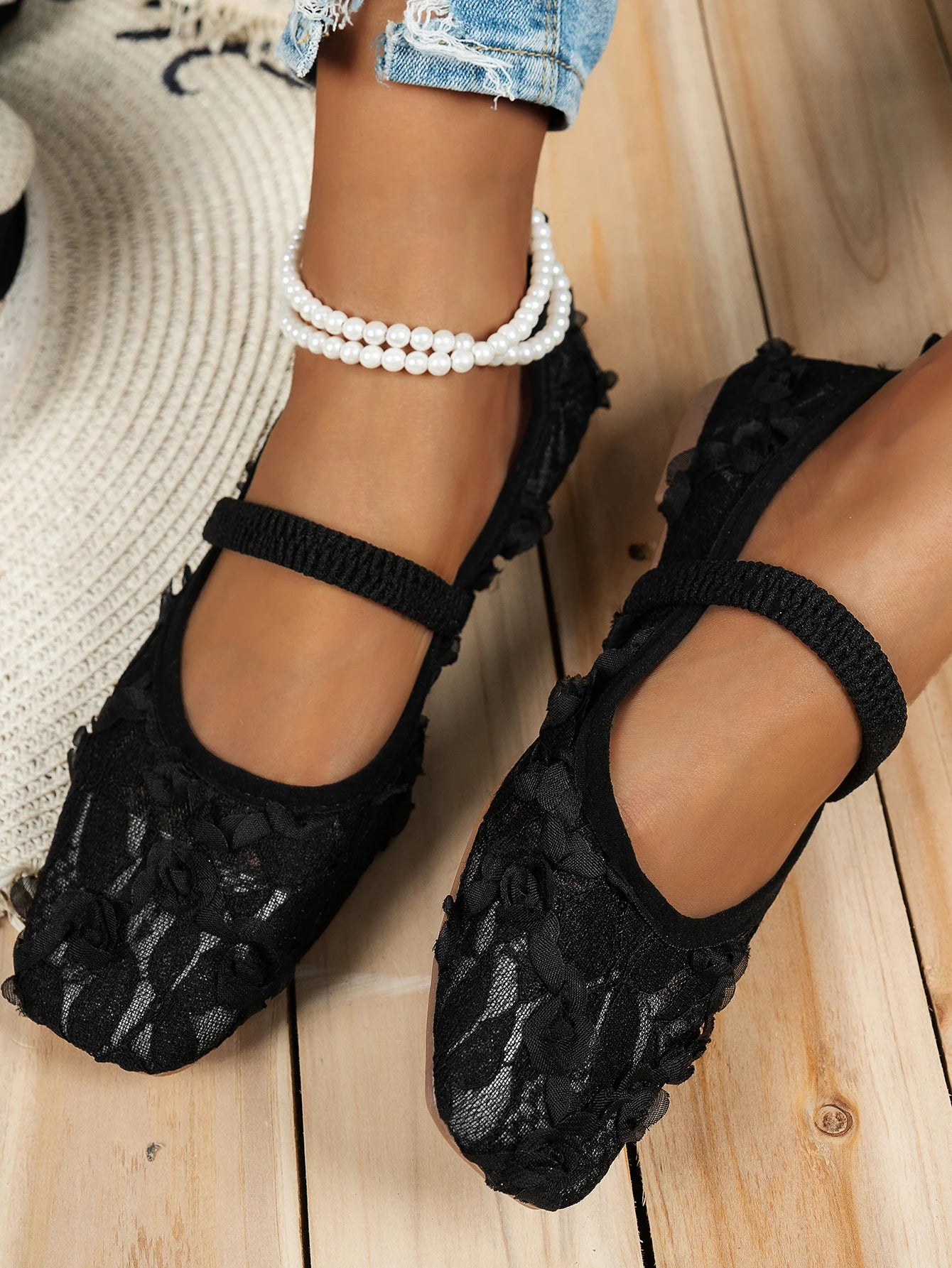 French-style Mary Jane flat shoes for women, square-toe ballet-inspired single shoes, fairy mesh shoes