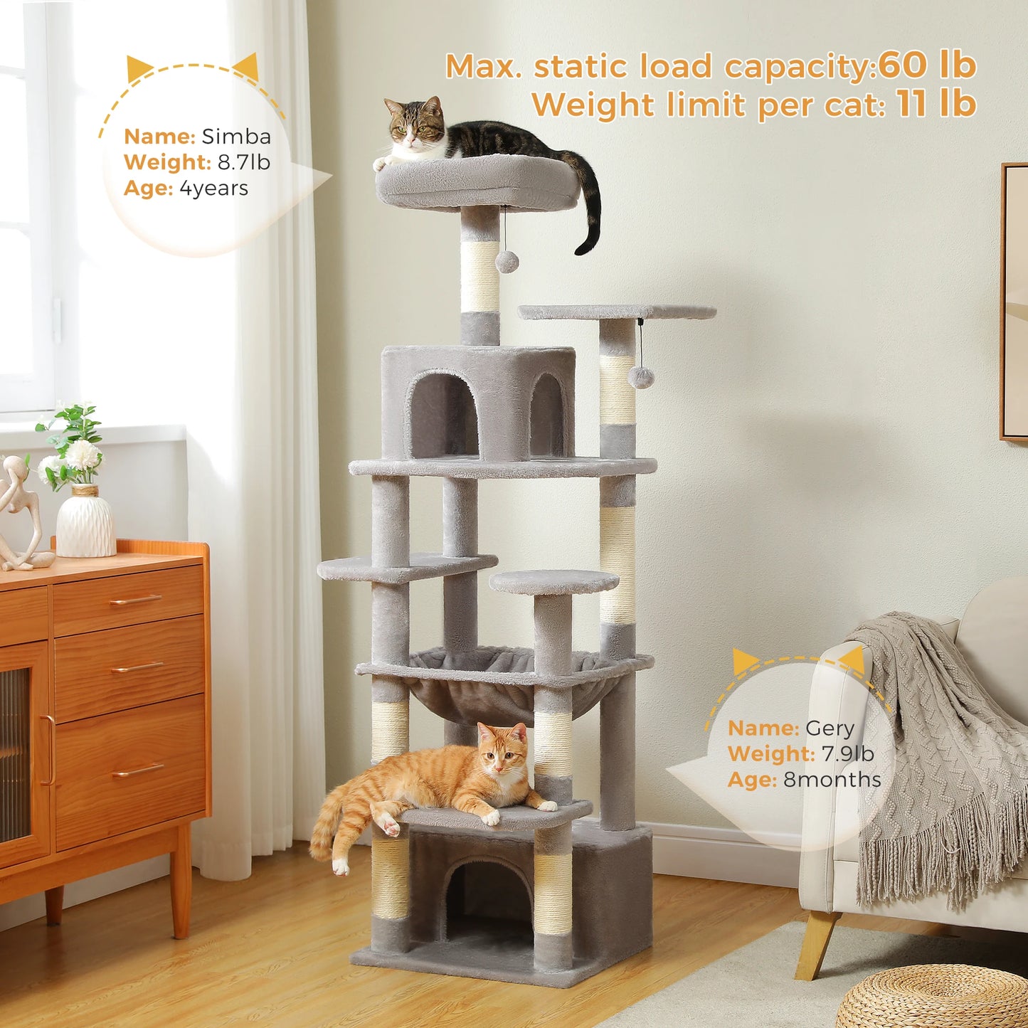 Spacious Cat Tree Tower with Hammocks and Scratching Posts