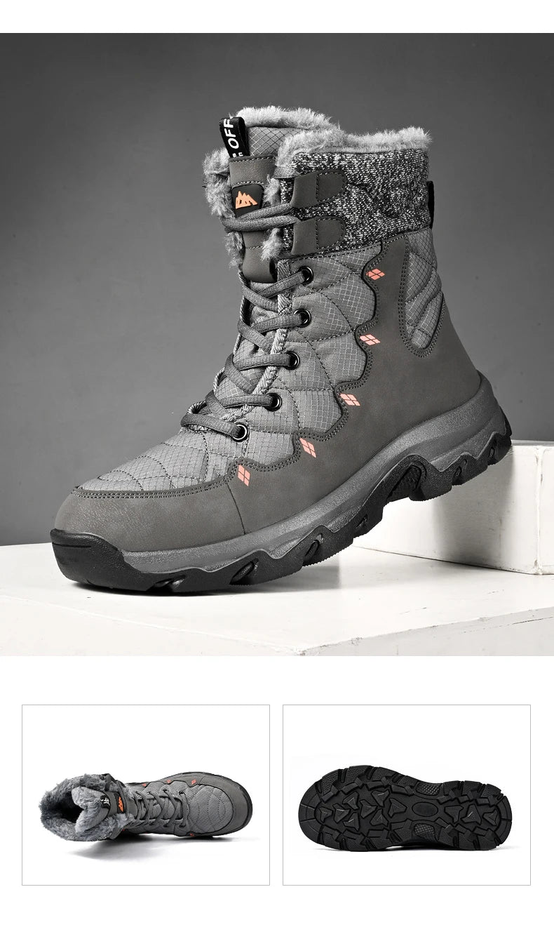 Men's Winter Snow Boots Leather Waterproof Mid-Calf Plush Lining Lace-Up