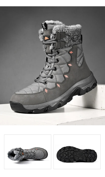 Men's Winter Snow Boots Leather Waterproof Mid-Calf Plush Lining Lace-Up