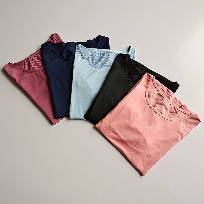 Spring and Summer Loose Women's Sports Short-sleeved Quick-drying Running Yoga Fitness T-shirt Mesh Breathable Neck Pullover Top