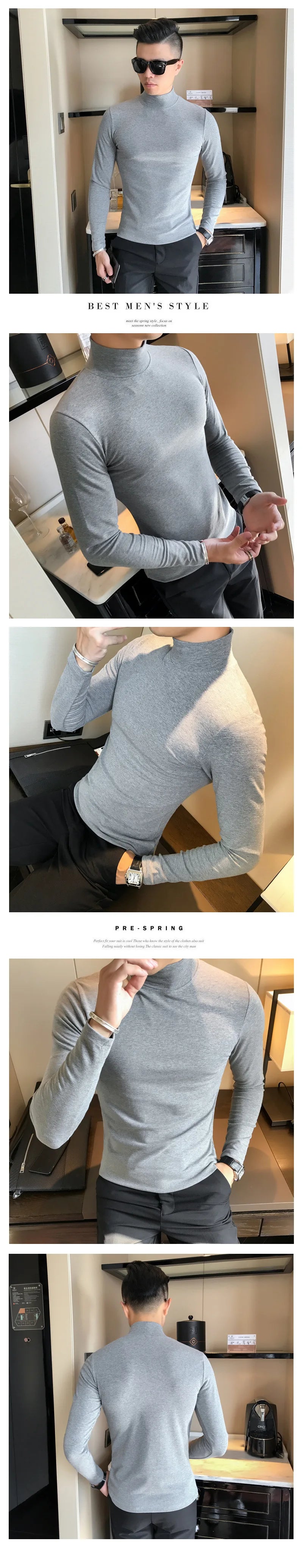 Spring New Men's Turtleneck T-shirt Long Sleeve Slim Fit Solid Color High Elastic Bottoming Pullovers Basic Style Male Tops