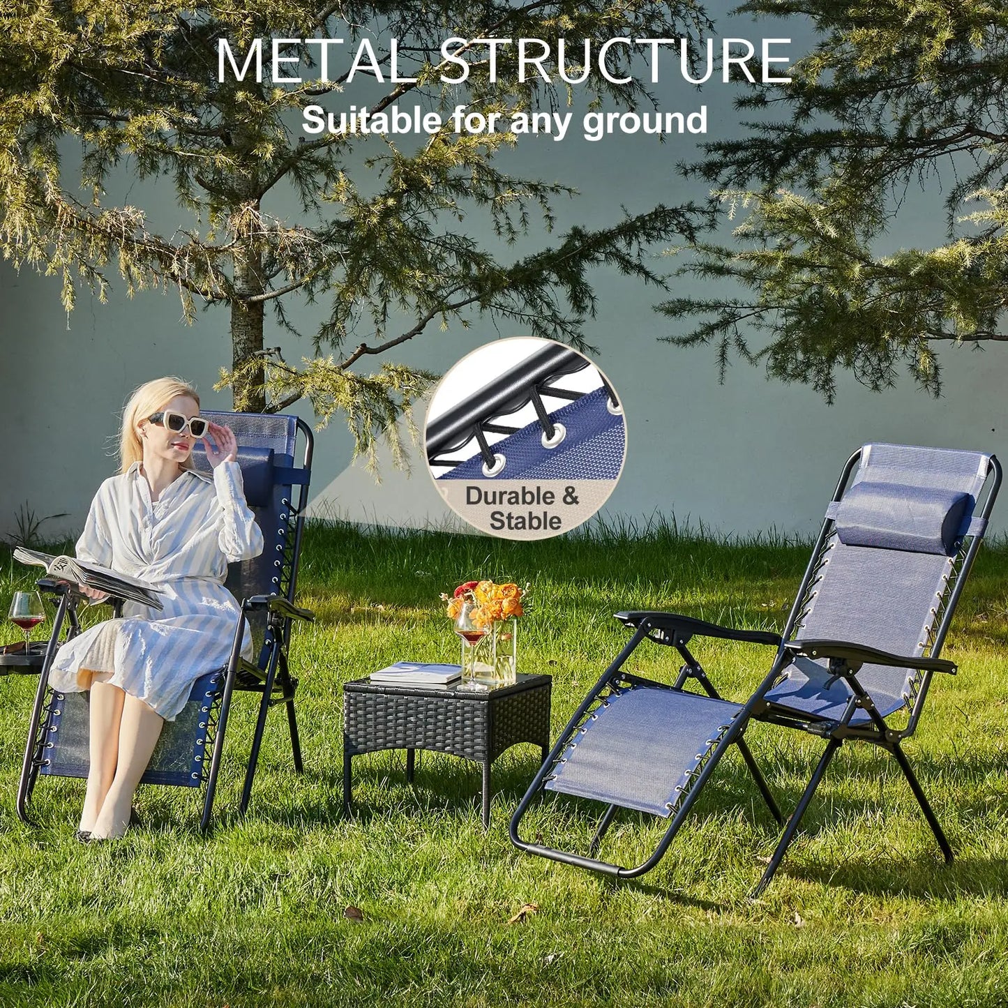 JHK Zero Gravity Set of 2 Portable Recliner Camping Patio Outdoor Garden Lounge Chair with Cup Holder Trays Adjustable Pillow