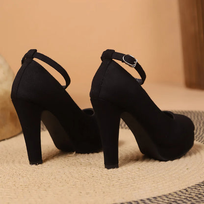Platform Pumps Size 42 Black PU Ankle Buckle Shoes